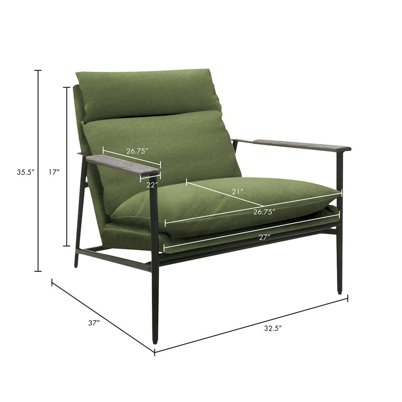 Sovann Upholstered Accent Armchair with Removable Cushion and Oak Arms, Green Polyester