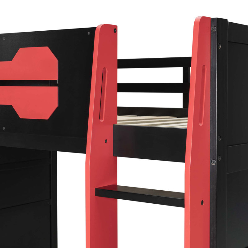 Lit mezzanine double en bois avec bureau, tablettes multiples et lumière RVB, Rouge / Noir