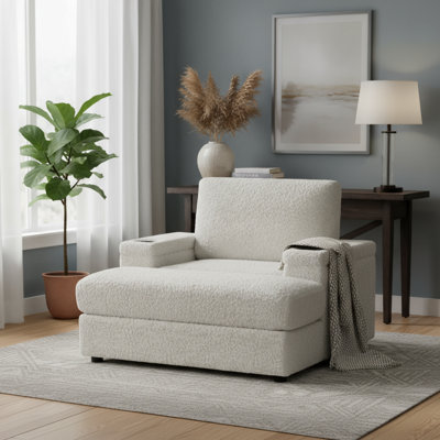 Light Brown Faux Rabbit Fur Chaise Lounge, 42-Inch Extra-Large Size + Deep-Seat Design, With Storage Ottoman, Armrests And Cup Holders, Convertible To Sofa Bed, Suitable For Living Room/Bedroom Reading