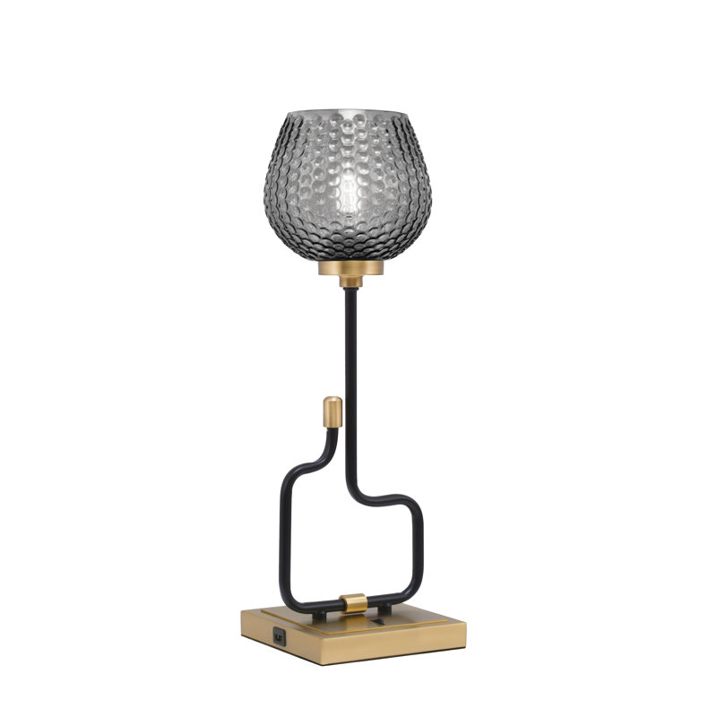 Lampe décorative Amarmula, avec ports USB, fini noir mat et laiton vieilli, verre texturé fumé 6 po, Doré, Transparent/noir