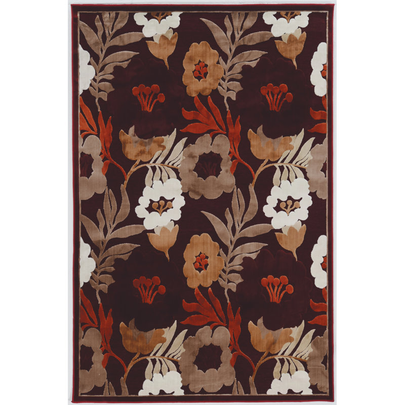 Cashion High Lo Flower with Leaf Pattern Performance Brown Rug, Rectangle 5' x 7'6"