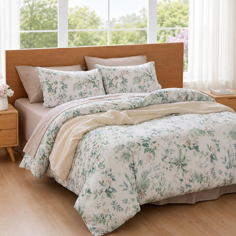 Housse de couette 100 % coton rose à fleurs, taille Queen – Ensemble de literie 3 pièces à motif botanique vert, doux et respirant, avec fermeture éclair.