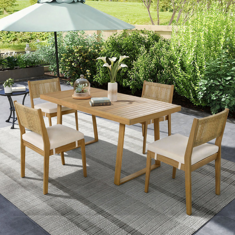 Ensemble de salle à manger de patio en bois massif 5 pièces avec coussins épais amovibles, adapté à une utilisation intérieure et extérieure