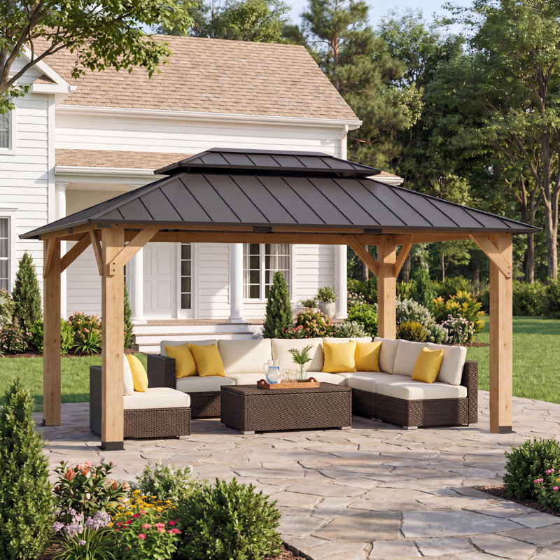 12x16 FT Solid Wood Outdoor Gazebo, Heavy Duty Metal Party Tent with Double-Tier Ventilated Roof, Suitable for Deck, Lawn