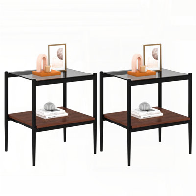 Set of 2 Rectangle End Tables – Gray Tempered Glass Top with MDF Layer