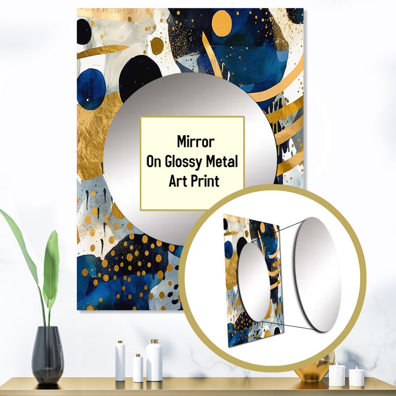 Lilja, motif abstrait avec textures bleues et dorées XIXe - grand miroir géométrique, décor de miroir mural moderne unique, impression d'art en métal