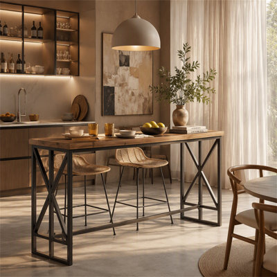 62.6" Rectangular Bar Table, Farmhouse Counter Height Pub Table with Metal Footrest for Coffee Bar