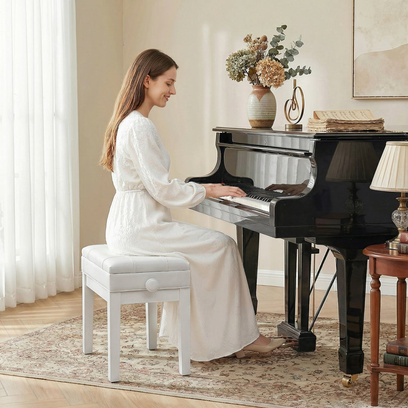 Banc de piano réglable 24,8 po, banc à clavier, blanc, Blanc, Blanc, Blanc
