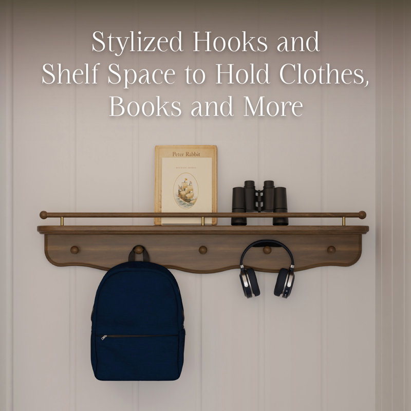 Liberty 31" Wall Shelf with Hooks, Natural Walnut