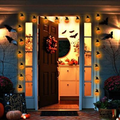 Guirlande d'Halloween citrouille d'Halloween avec chapeau de sorcière, 20 DEL 16,4 pi, 8 modes de minuterie, imperméable, 3D, orange, Jack-O-Lantern, à piles, pour lumières de scintillement pour les décorations d'intérieur et d'extérieur