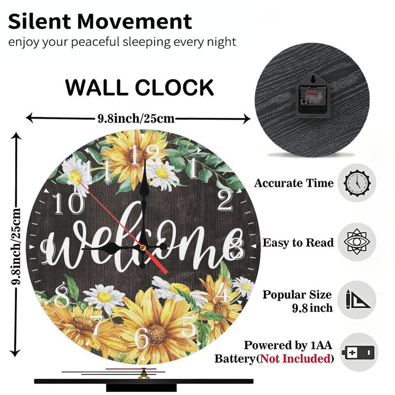 Horloge murale en bois 10 po, mouvement silencieux, à piles (piles AA non incluses), décor artistique, parfait pour les décorations