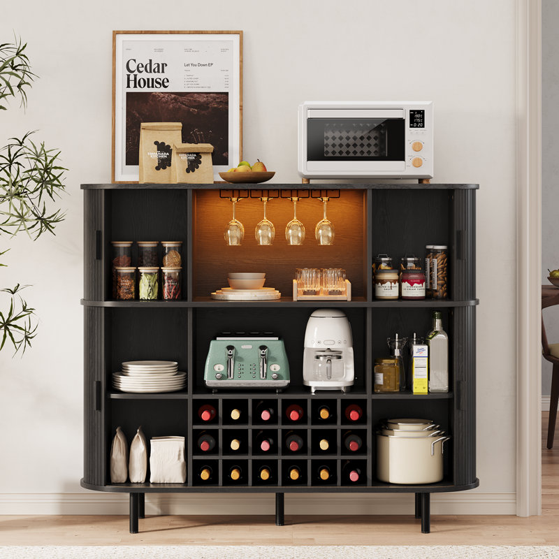 55.1'' Modern Home Bar With Table Power Outlet & RGB Lights, Wine Cabinet With Wine Glass Holder & Wine Rack, Black