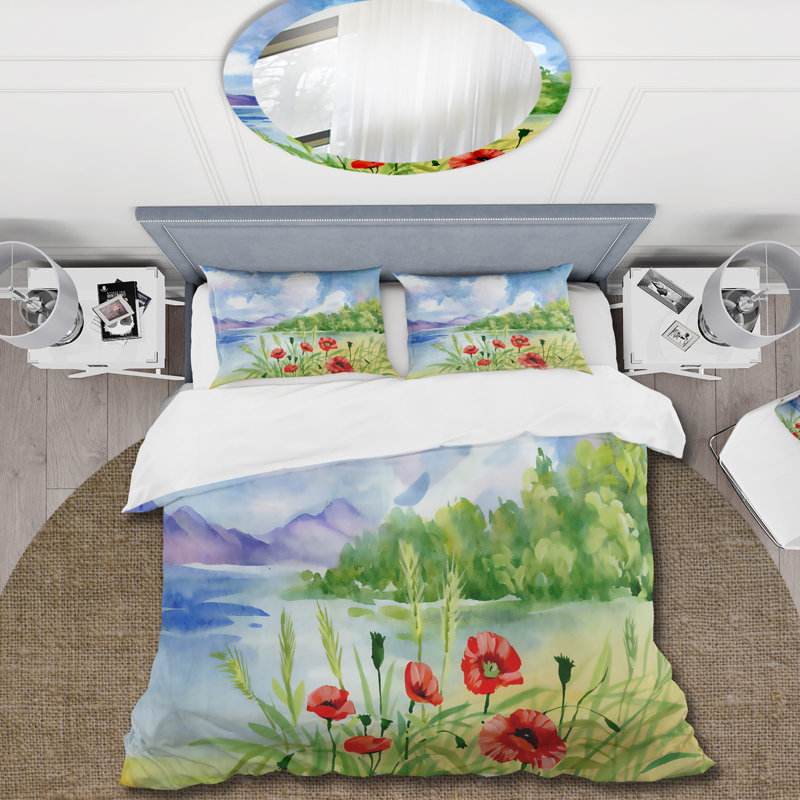 Tulipes rouges sur la berge près d'une rivière de montagne - ensemble de housse de couette Lake House - microfibre de polyester