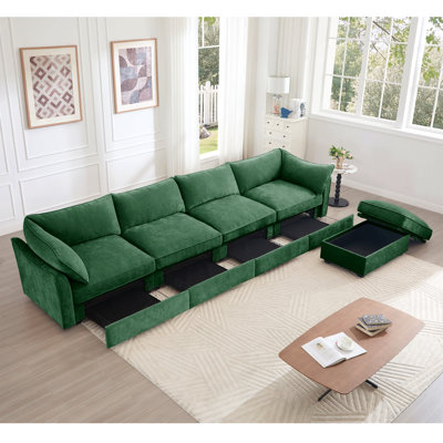 Canapé modulaire en L 4 places, canapé 4 places avec 1 repose-pieds mobile, accoudoirs en forme de croissant et coussins de dossier et d'accoudoirs enveloppants, vert chenille
