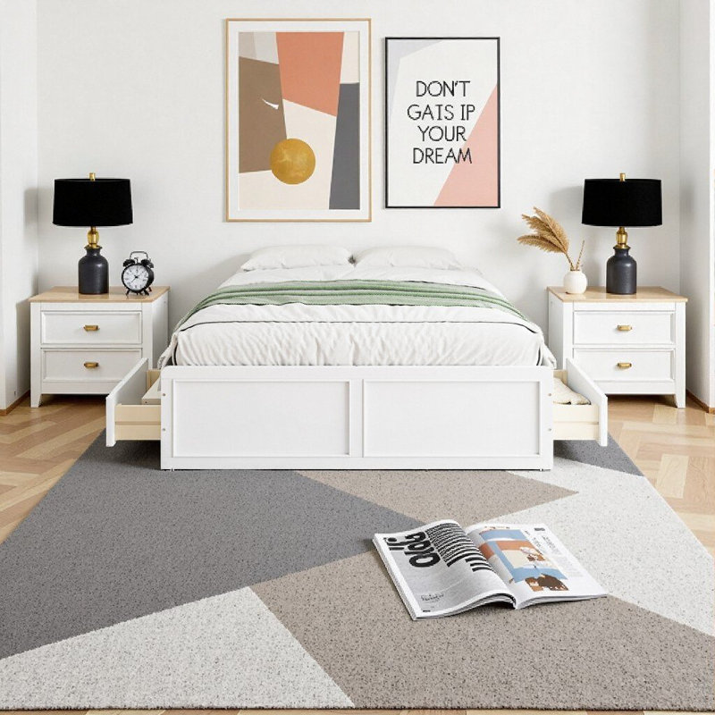 Structure de lit plateforme en bois blanc avec 6 tiroirs de rangement intégrés, aucun sommier nécessaire, White