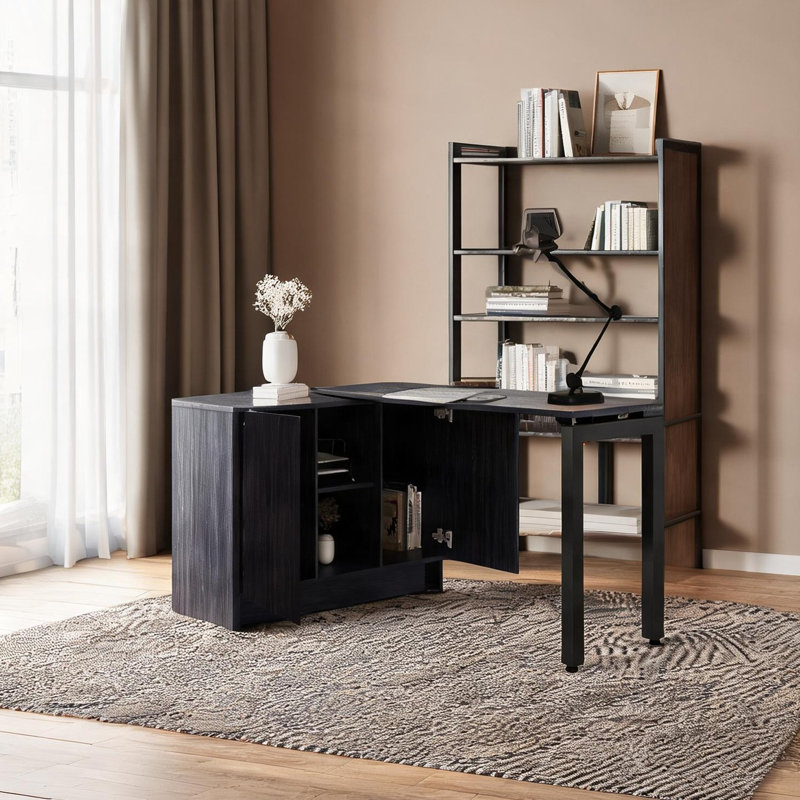 Bureau d'ordinateur rotatif de 72 pouces avec conception pliable et compartiments de rangement, poste de travail de bureau à particules noir élégant