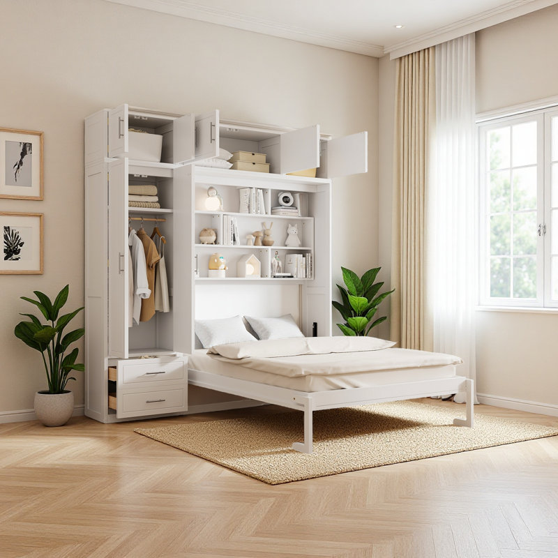Grand lit escamotable mural avec armoire supérieure, tablettes et garde-robe, lit pliable peu encombrant, Blanc