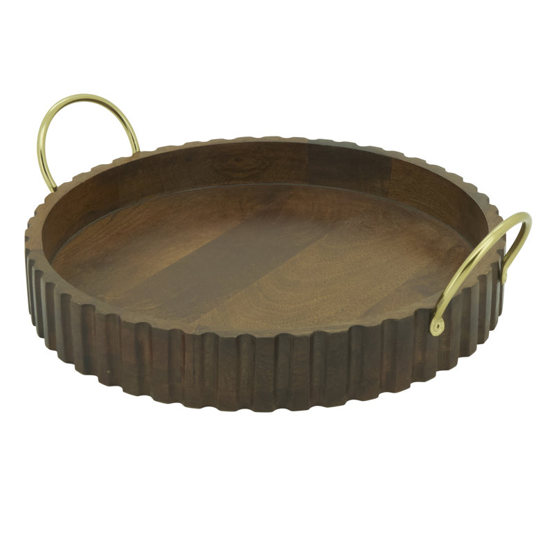 Plateau de service festonné en bois de manguier avec poignées en laiton - Plateau rond décoratif pour table basse, bar et réception, 16 po