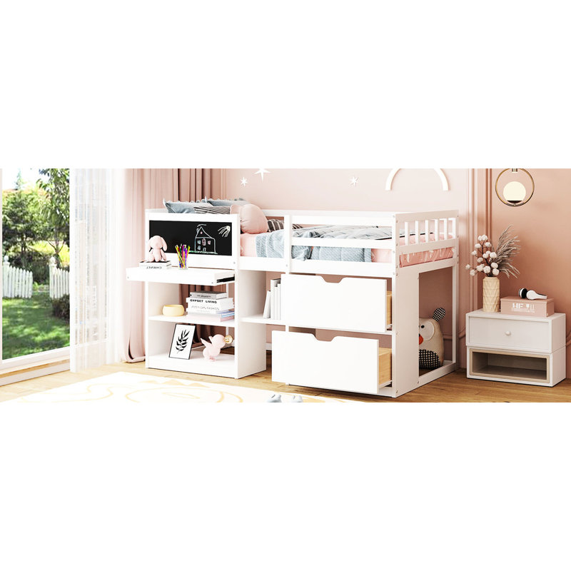 Lit mezzanine simple bas blanc avec bureau, tablette, tiroirs - Qualité de fabrication solide et bureau en bois pour un espace de chambre fonctionnel