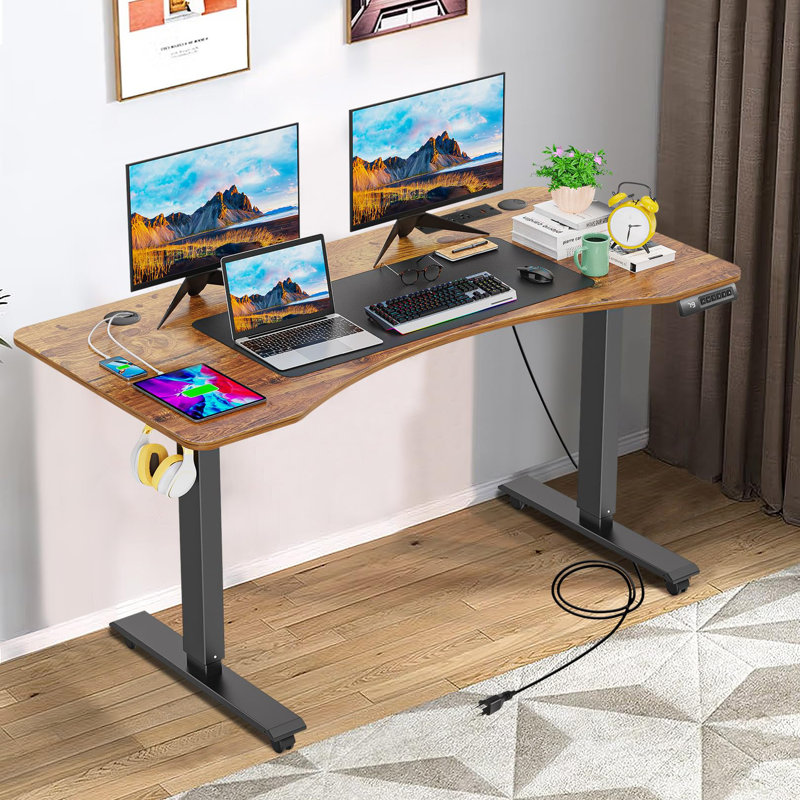 Meegan 63"  Electric Height Adjustable Standing Desk With 4 Casters And Charging Stations, 2 Hooks, Big Mouse Pad