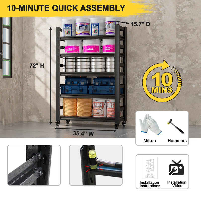 Étagères de garage robustes avec roulettes, H 72 po x l 35 po x P 16 po