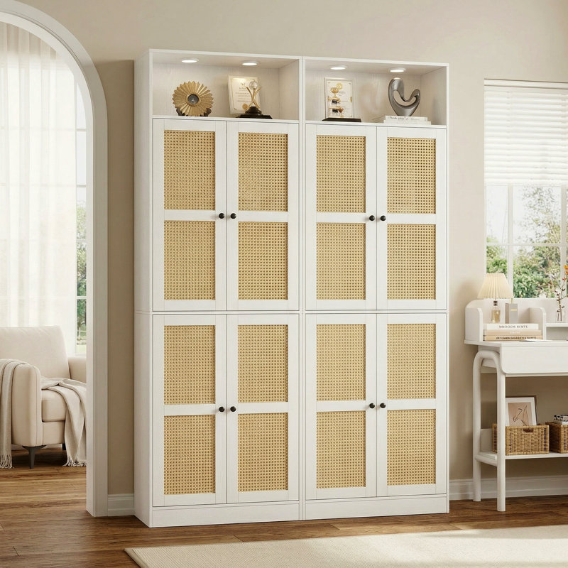 85.8" H X 47.2" W Rattan Tall Bookcase With 7 Shelves, Book Cabinet Storage Bookcase Set, with White Downlights For Living Room, Study