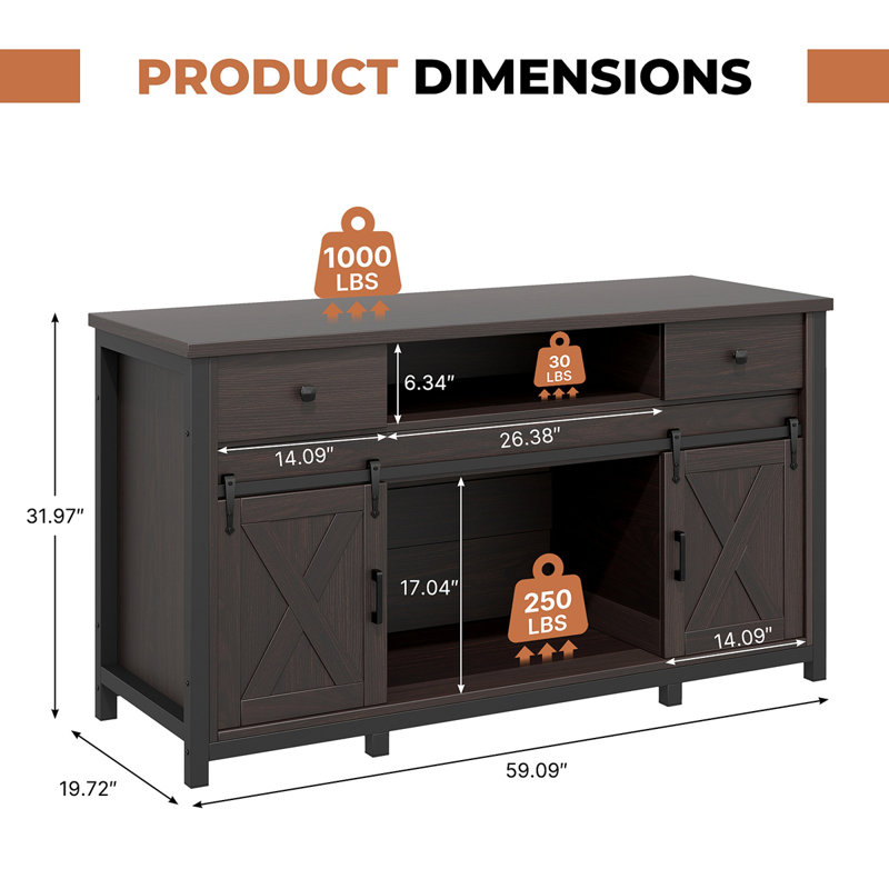 Support d'aquarium 75-120 gallons avec prise de courant - support d'aquarium robuste, style maison de campagne rustique, capacité de 1000 lb, portes de grange coulissantes réglables, brun foncé