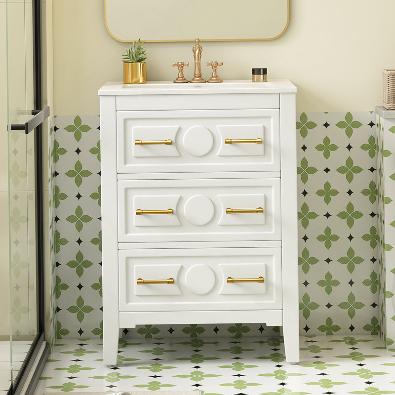 Ensemble de meuble-lavabo simple 24 po avec lavabo en céramique, ensemble de meuble-lavabo autoportant avec 3 tiroirs, cadre en bois massif, blanc