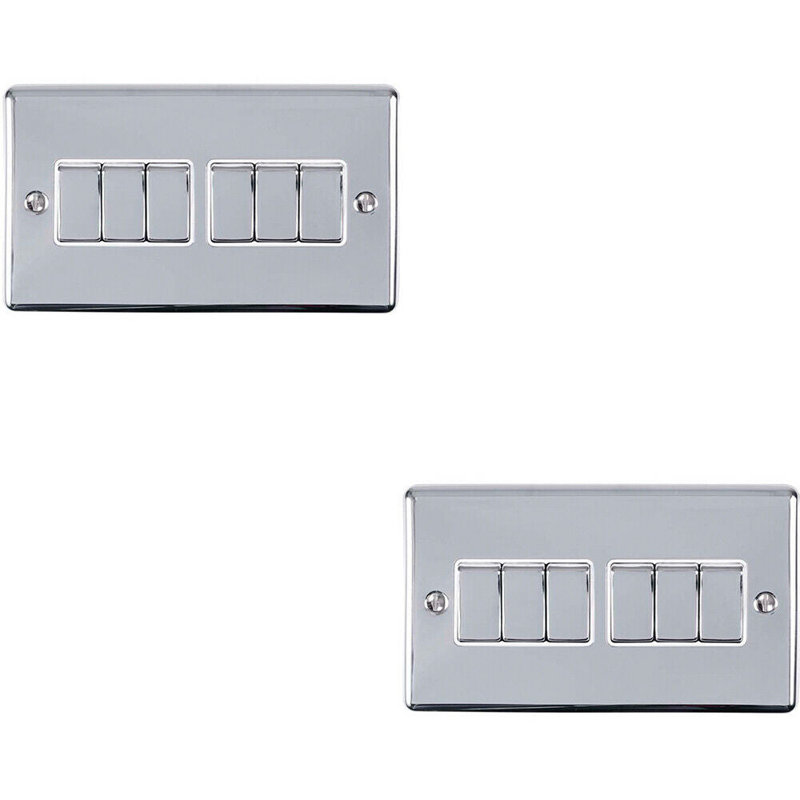 2 PACK 6 Gang Metal Multi Light Switch SATIN STEEL 2 Way 10A White Trim, Silver/White, Polished Chrome