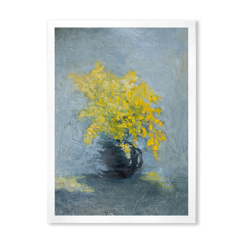 Nature morte jaune et bleu Mimosa - Peinture, H 32 po x l 16 po x P 1 po, Cadre photo blanc