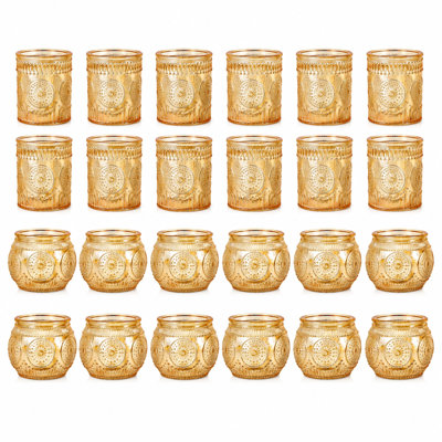 Glass Votive Candle Holder Set, Gold Embossed Tealight Candle Holders for Table Centerpieces and Home Décor (Set of 24)