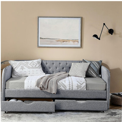 Lit de jour simple rembourré avec lit gigogne et deux tiroirs de rangement, accoudoirs plats avec poche, lit de jour extensible pour le salon de la chambre, gris lin