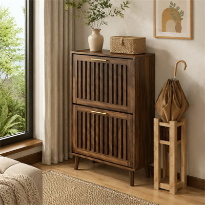 Walnut Flip Down Shoe Cabinet, Slatted Front and Adjustable Dividers