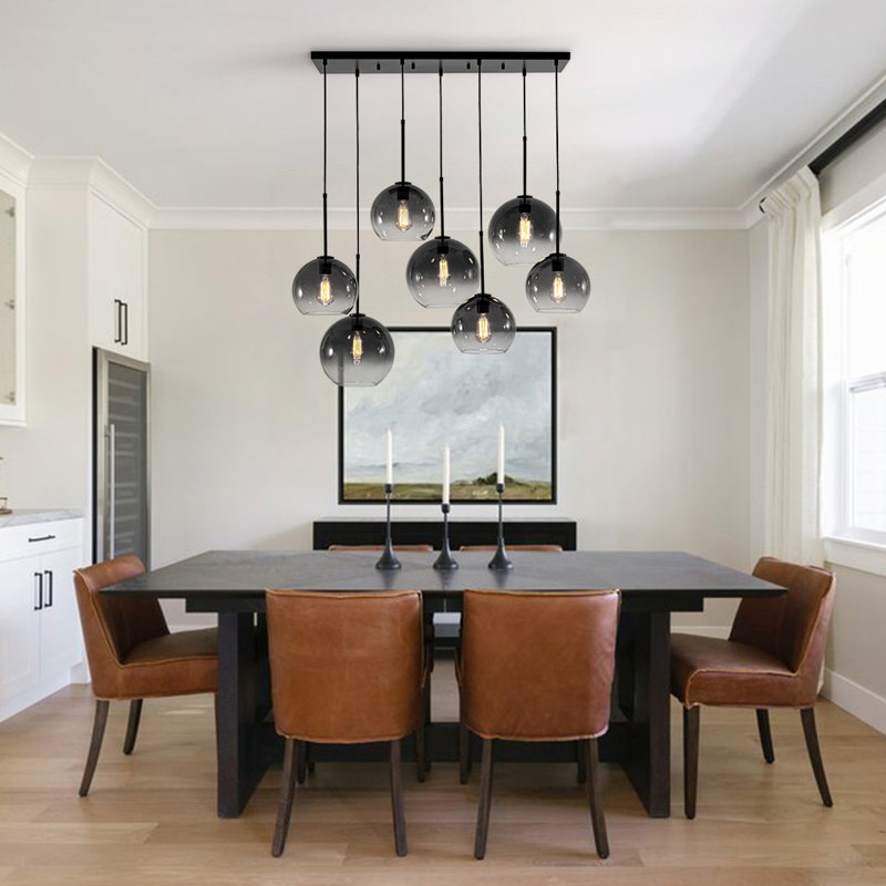 Luminaire suspendu 7 lumières en verre dégradé pour îlot , Gris, Matte Black