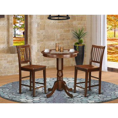 3 Piece Kitchen Counter Height Dining Table Set Contains a Round Wooden Table with Pedestal and 2 Dining Chairs, Mahogany