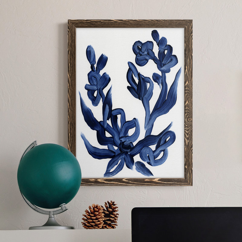 Indigo brossé Blooms I, toile encadrée de qualité supérieure - prête à être accrochée, H 44 po x l 31 po x P 1 po, Noyer