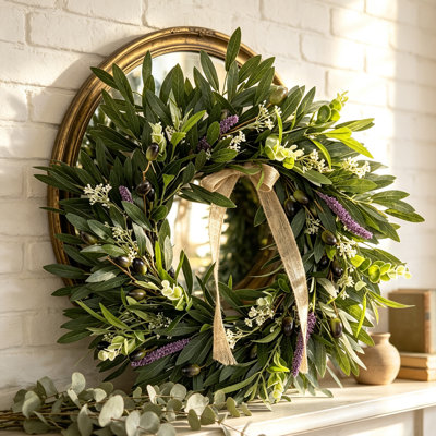 Set of 2  20"  Artificial Olive &  Lavender Wreath – Greenery with Eucalyptus Leaves Bow, Rustic Farmhouse Decor for Front Door, Wall, Window, Indoor/Outdoor, All‑Season Fade‑Resistant