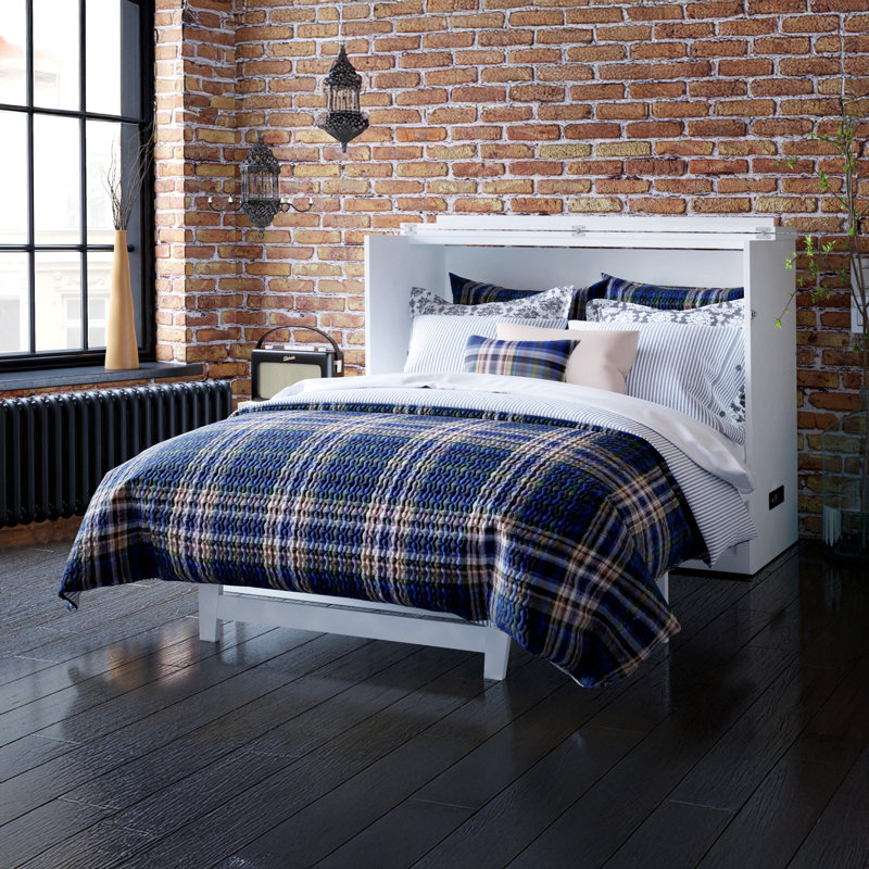 Commode escamotable Andriena avec matelas de 15 cm, rangement et chargeur intégré, Lit double, Blanc