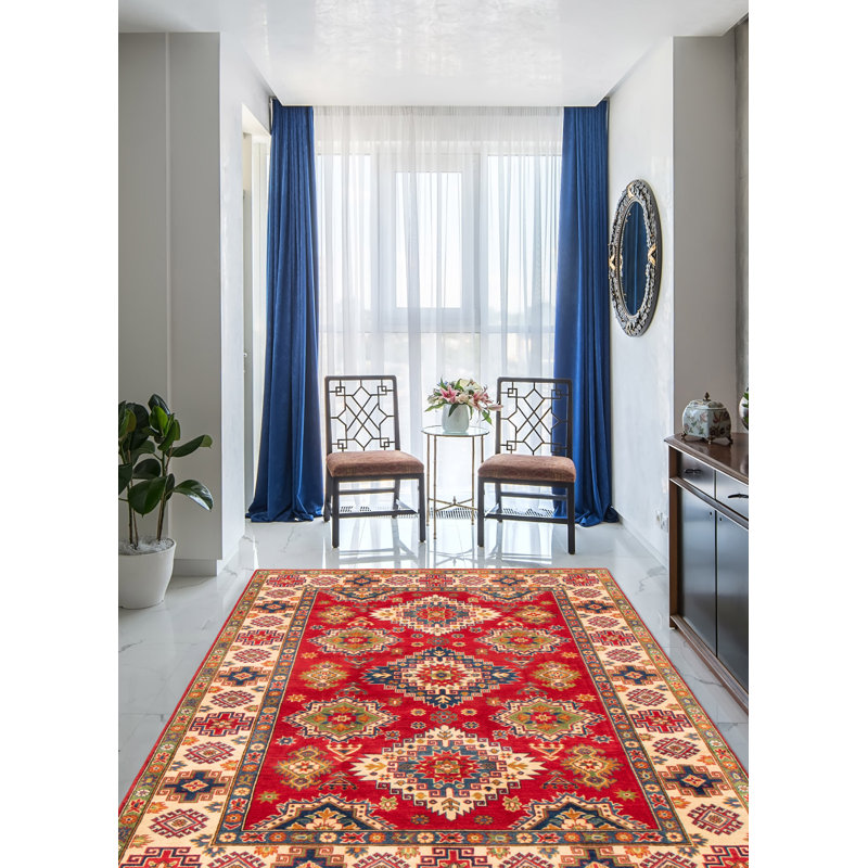 Tapis rouge foncé en laine noué à la main de conception unique 6 pi 2 po x 8 pi 8 po Oleatha