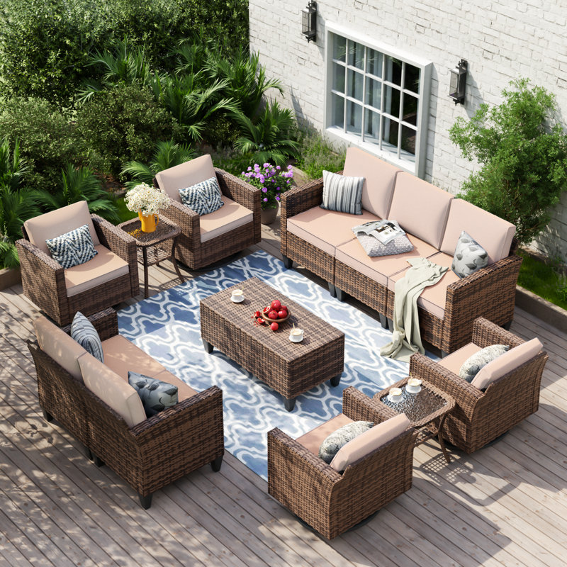 Kisner 9 - Person Outdoor Wicker Conversation Set With Cushions And Table, Beige