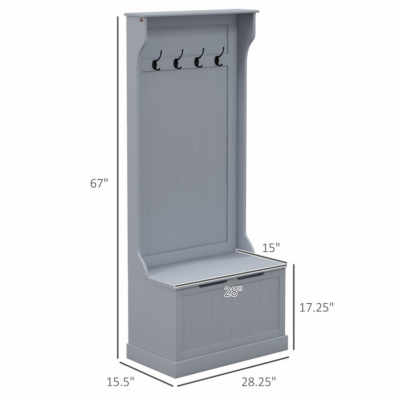 28" 3-In-1 Entryway Hall Tree with Storage Bench, Coat Rack with Four Hooks and Shoe Storage, Gray