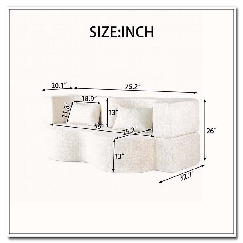 Canapé-lit pliant convertible 75 pouces, Beige-crème