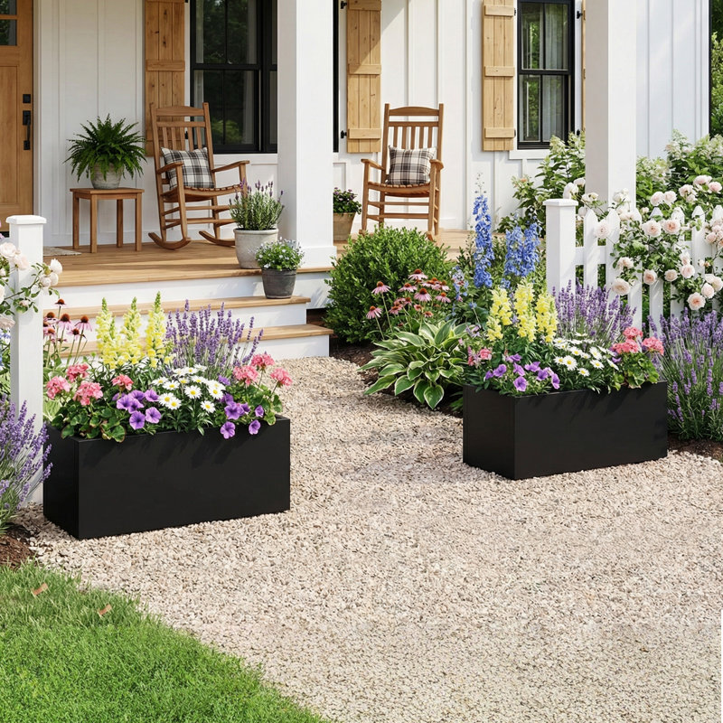 10" H x 24" W Outdoor/Indoor Rectangle Planter Box Metal Garden Bed Planter with Drainage Holes for Patio Lawn, Set of 2