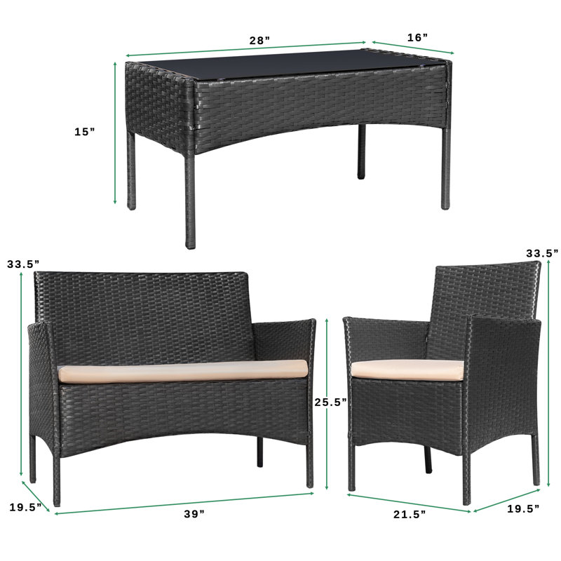 Donn 4 - Person Patio Conversation Set with Cushions, Black