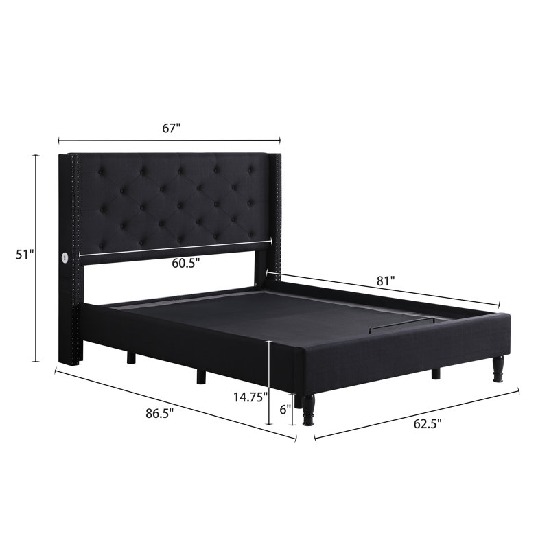 Levasy Upholstered Wingback Bed, Black, Queen