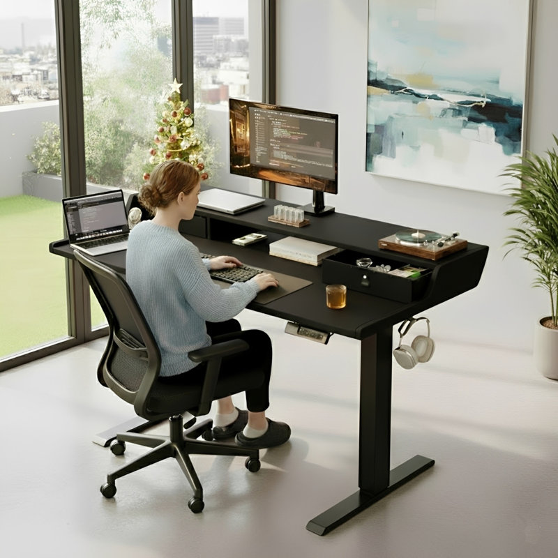 Bureau électrique debout avec grande tablette pour écran et tiroirs, bureau ergonomique réglable en hauteur pour la maison ou le bureau