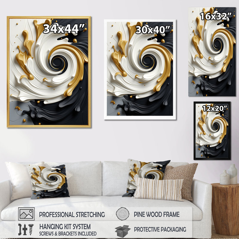 Liquide or noir et blanc texturé spirale magique - spirales abstraites, art mural, H 40 po x l 30 po x P 1,5 po