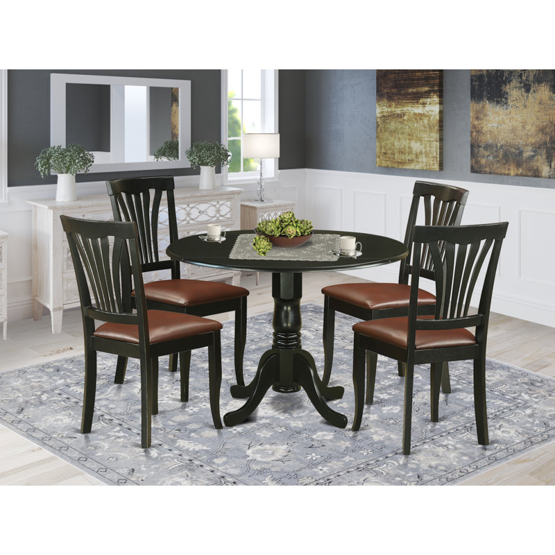 Galvez Drop Leaf Rubberwood Solid Wood Dining Set, 5 Pieces: Table, 4 Chairs, No, Black/Brown
