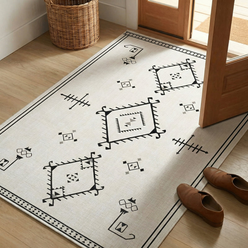 Tapis à motif géométrique marocain beige Thambiah, Rectangle 3 pi 4 po x 6 pi 7 po