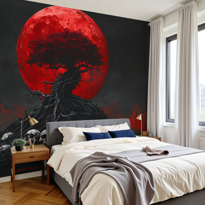 Peel and Stick Wallpaper 96" W x 69" H Modern Self Adhesive Wall Mural for Bedroom Creepy Gothic Blood Moon Tree Skulls Night Landscape